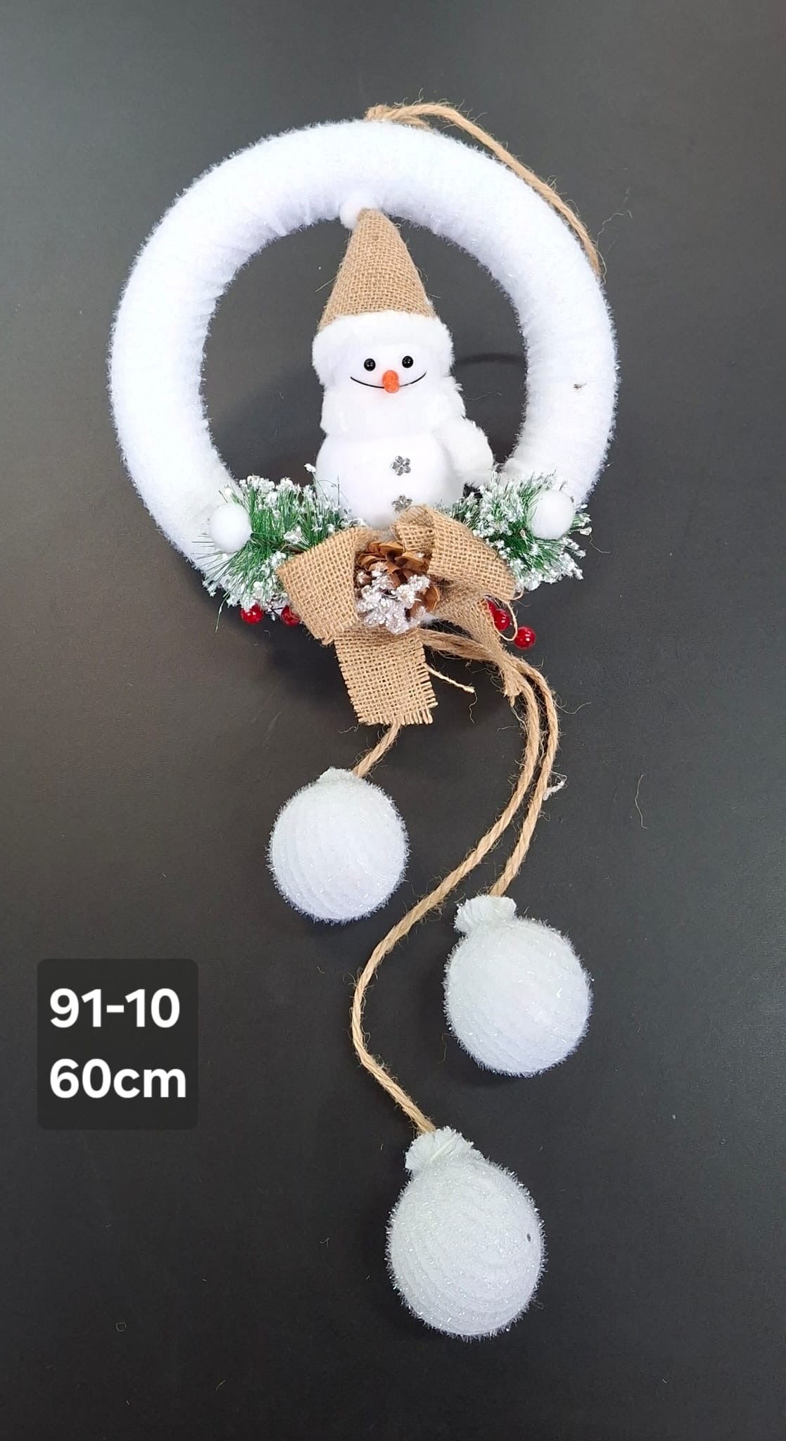 Coroniță Crăciun om de zăpadă rustică albă - 60cm